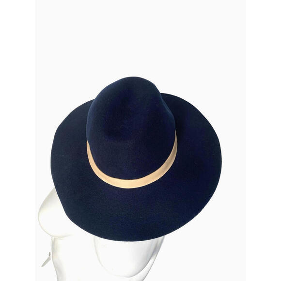 NWT Hat Attack Womens 100% Wool Felt Brimmed Fedora Leather Trim Navy Blue Hat